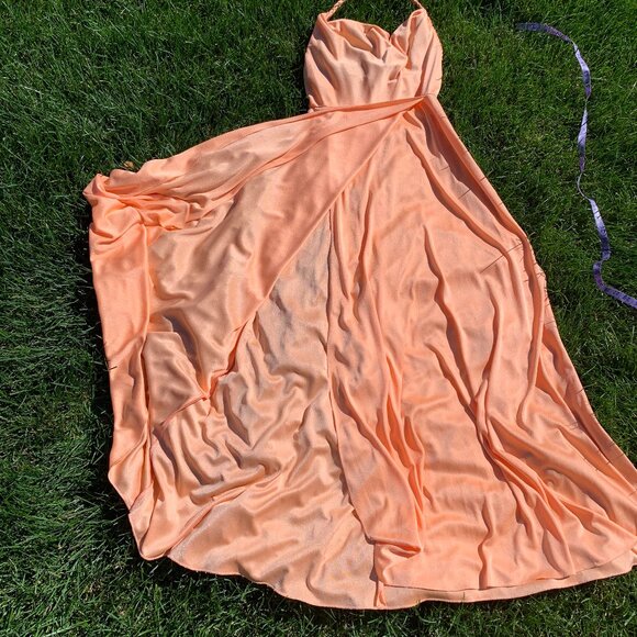 Vintage 70s Tangerine Peach Cowl Neck Wrap Halter Maxi Dress Prom Gown - Picture 12 of 16